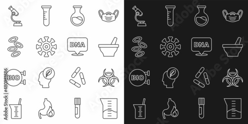 Set line Laboratory glassware or beaker, Biohazard symbol, Mortar and pestle, Test tube flask, Bacteria, Hemoglobin, Microscope and DNA icon. Vector