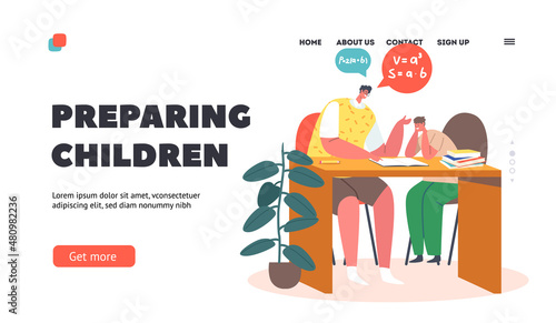 Parent and Son Preparing Classes Landing Page Template. Characters Sitting at Desk with Textbooks Studying Mathematics