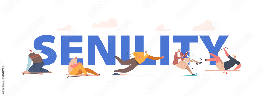 Senility Concept. Senior Male and Female Character Falling Down on the Ground due to Slippery Road, Clumsiness Poster Senility Concept. Senior Male and Female Character Falling Down on the Ground due to Slippery Road, Clumsiness Poster