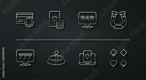 Set line Credit card, Slot machine with jackpot, Horseshoe, Online poker table game, Casino roulette wheel, chip and playing cards, Deck of and Alcohol bar location icon. Vector