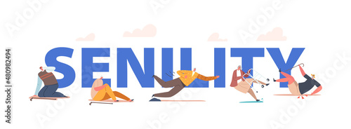 Senility Concept. Senior Male and Female Character Falling Down on the Ground due to Slippery Road, Clumsiness Poster