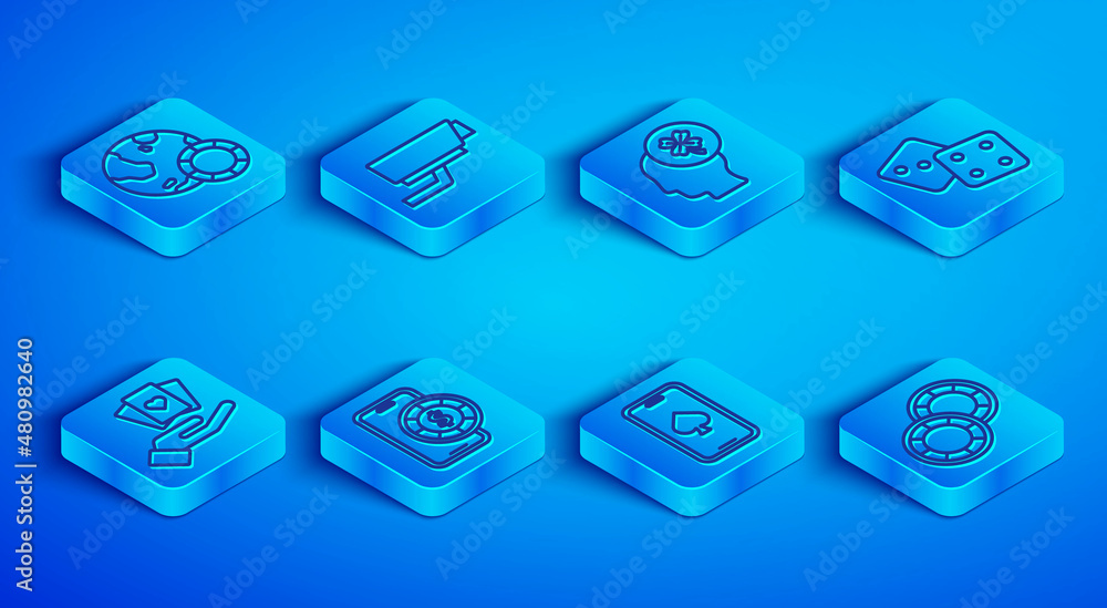 Set line Casino chips, Security camera, slot machine with clover, Online poker table game, Game dice, Hand holding playing cards and icon. Vector Set line Casino chips, Security camera, slot machine with clover, Online poker table game, Game dice, Hand holding playing cards and icon. Vector