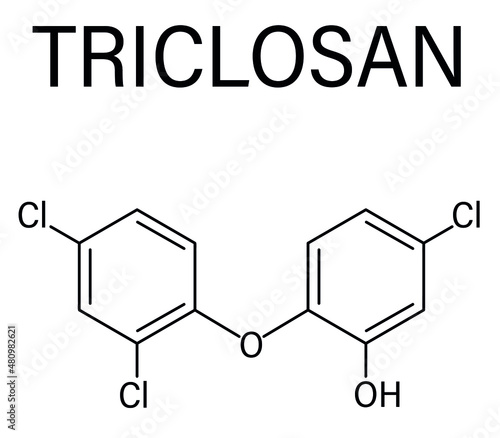Triclosan antimicrobial molecule. Used in hand soaps, hospital scrubs, deodorants, mouth wash, etc. Skeletal formula.