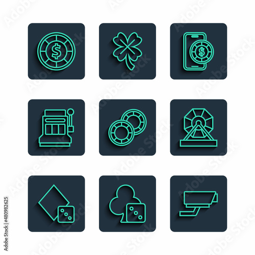 Set line Game dice, Security camera, Online poker table game, Casino chips, Slot machine, and Lottery icon. Vector