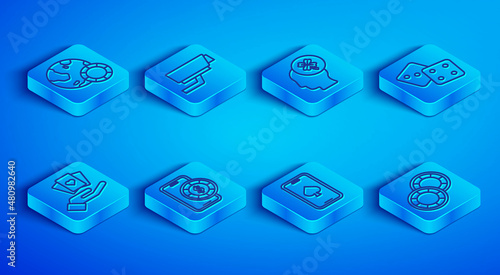 Set line Casino chips, Security camera, slot machine with clover, Online poker table game, Game dice, Hand holding playing cards and icon. Vector