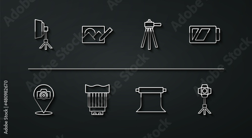 Set line Softbox light, Photo camera, Battery for, Empty photo studio, Camera lens, retouching, and Tripod icon. Vector