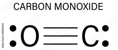 Carbon monoxide or CO toxic gas molecule. Carbon monoxide poisoning frequently occurs due to malfunctioning fuel-burning home appliances. Skeletal formula.