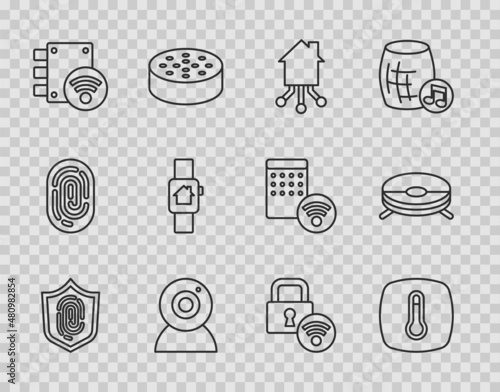 Set line Fingerprint, Thermostat, Smart home, Web camera, Digital door lock, with smart watch, and Robot vacuum cleaner icon. Vector