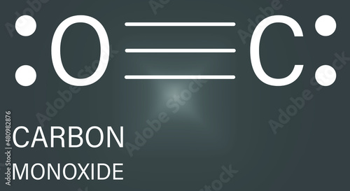 Carbon monoxide or CO toxic gas molecule. Carbon monoxide poisoning frequently occurs due to malfunctioning fuel-burning home appliances. Skeletal formula.