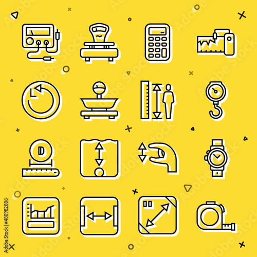 Set line Roulette construction, Wrist watch, Hand scale spring mechanical, Calculator, Scales, Radius, Multimeter, voltmeter and Measuring height body icon. Vector
