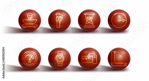 Set line Scales, Speedometer, Radius, Measuring instrument, Wrist watch, Calliper or caliper and scale, Corner ruler and Old hourglass with sand icon. Vector