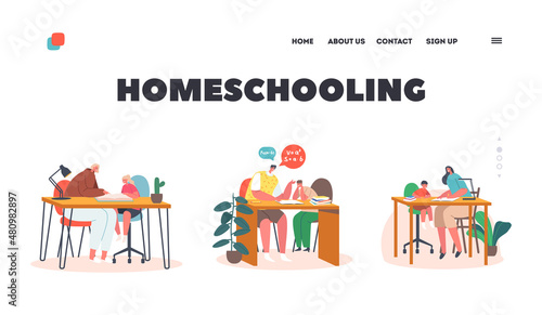 Homeschooling, Children Education Landing Page Template. Parents and Kids Make Lessons. Happy Family Prepare Classes