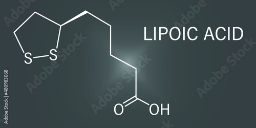Lipoic acid enzyme cofactor molecule. Present in many nutritional supplements. Believed to have anti-oxidant, anti-aging and weight-loss effects. Skeletal formula.