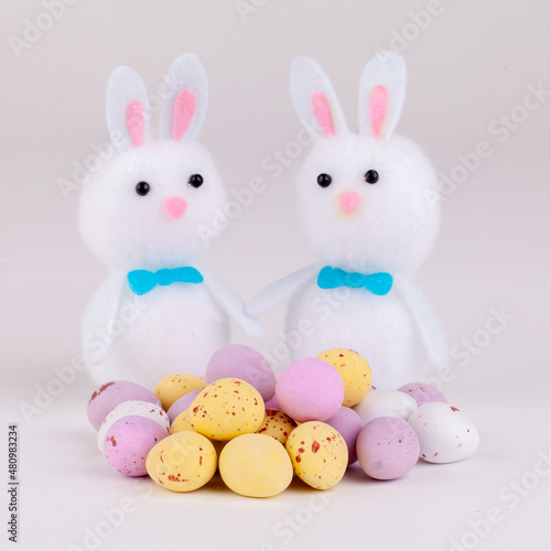 two easter bunnies with little candy eggs