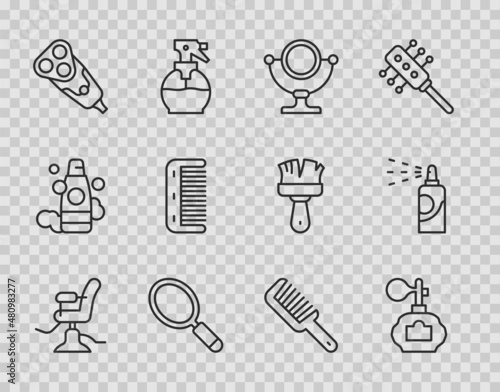 Set line Barbershop chair, Aftershave, Round makeup mirror, Hand, Electric razor blade, Hairbrush, and Spray can for hairspray icon. Vector