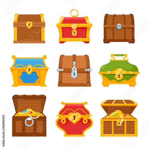 Set Treasure Chests. Fantasy Pirate Wooden Boxes With Golden Coins, Jewelry Gems, Ancient Medieval Treasury Collection