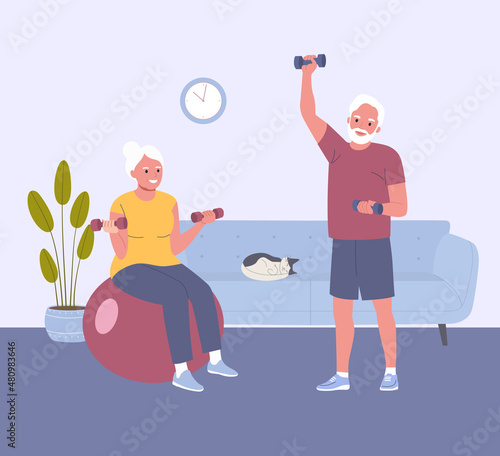 Elderly man and woman do exercises at home. Living room interior. Stay home. Flat style cartoon vector illustration.