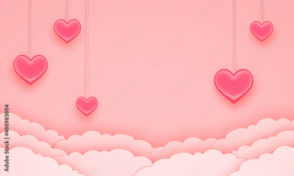 Valentine's Day background with pink hearts above the clouds. 3d rendering