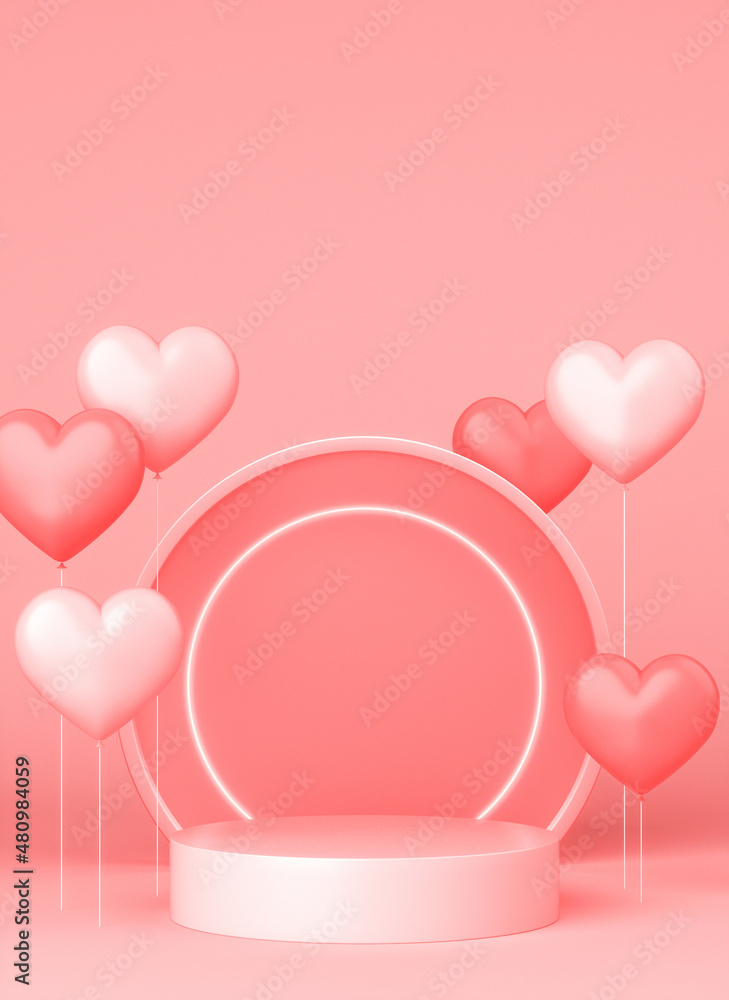 Product display podium and heart shape balloons. 3d rendering