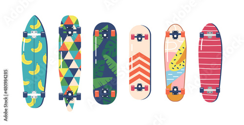 Set of Modern Teenager Skateboards with Graphic Prints Bottom View Isolated on White Background. Urban Culture for Teens