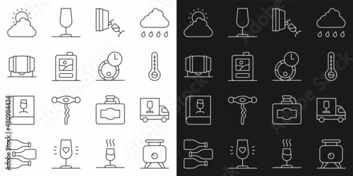 Set line Fermentation of grapes, Wine truck, Meteorology thermometer, tasting, degustation, Cardboard box wine, Wooden barrel for, Sun and cloud weather and icon. Vector
