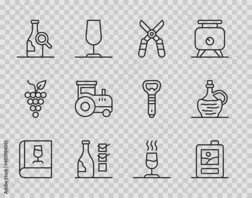 Set line Book about wine, Cardboard box of, Gardening scissors, Bottle, Tractor, Wine tasting, degustation and italian fiasco bottle icon. Vector