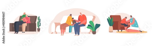 Parents Support their Children, Father and Mother Comforting Kids. Upset Son and Daughter Cry with Stressed Thoughts