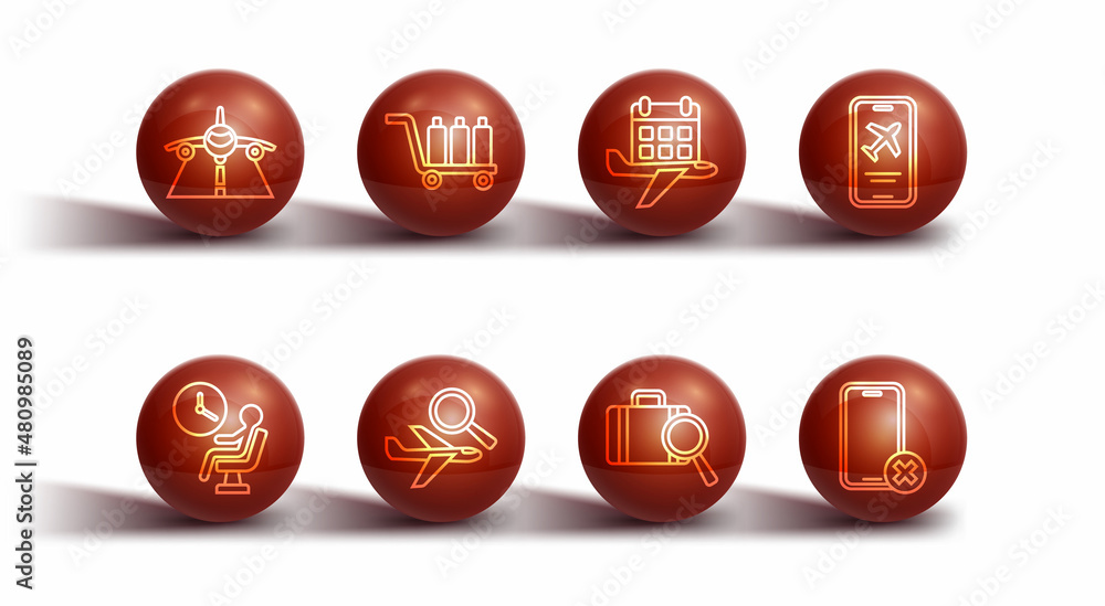 Set line Plane, Human waiting in airport terminal, Mobile with ticket, Lost baggage, Airplane search, Trolley, No cell phone and Calendar and airplane icon. Vector Set line Plane, Human waiting in airport terminal, Mobile with ticket, Lost baggage, Airplane search, Trolley, No cell phone and Calendar and airplane icon. Vector