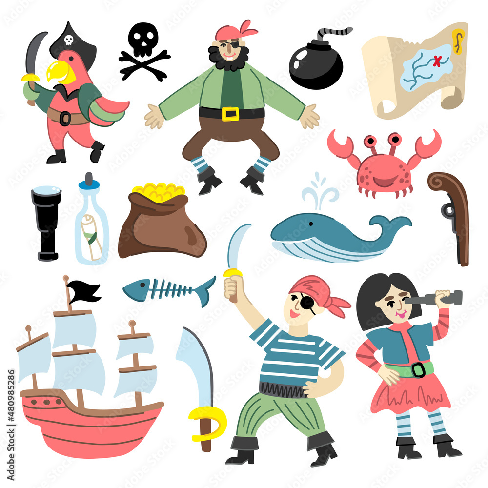 A collection of children's images in a pirate simple style
