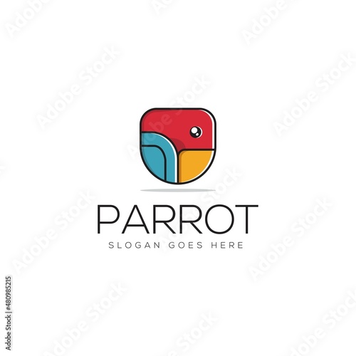 simple parrot and shield logo design, colorful bird logo inspiration, ideas and conceptual, icon, emblems
