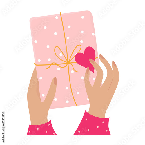 Hands wrap a holiday gift. Packaging of a gift box for Valentine's Day. A surprise for a loved one. Top view. A confession of feelings. A universal concept. Flat vector illustration