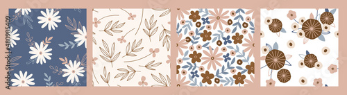 Collection of floral seamless patterns in flat style with blooming flowers. Hand drawn endless summer background for textile and wallpaper. Colored botanical illustration, contemporary backdrop