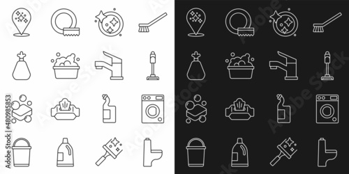 Set line Toilet bowl, Washer, Vacuum cleaner, Washing dishes, Basin with soap suds, Garbage bag, Home cleaning service and Water tap icon. Vector