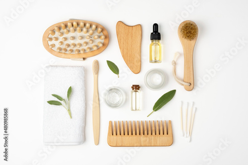 Beauty concept. Natural cosmetics and eco products for face and body care on a white background.
