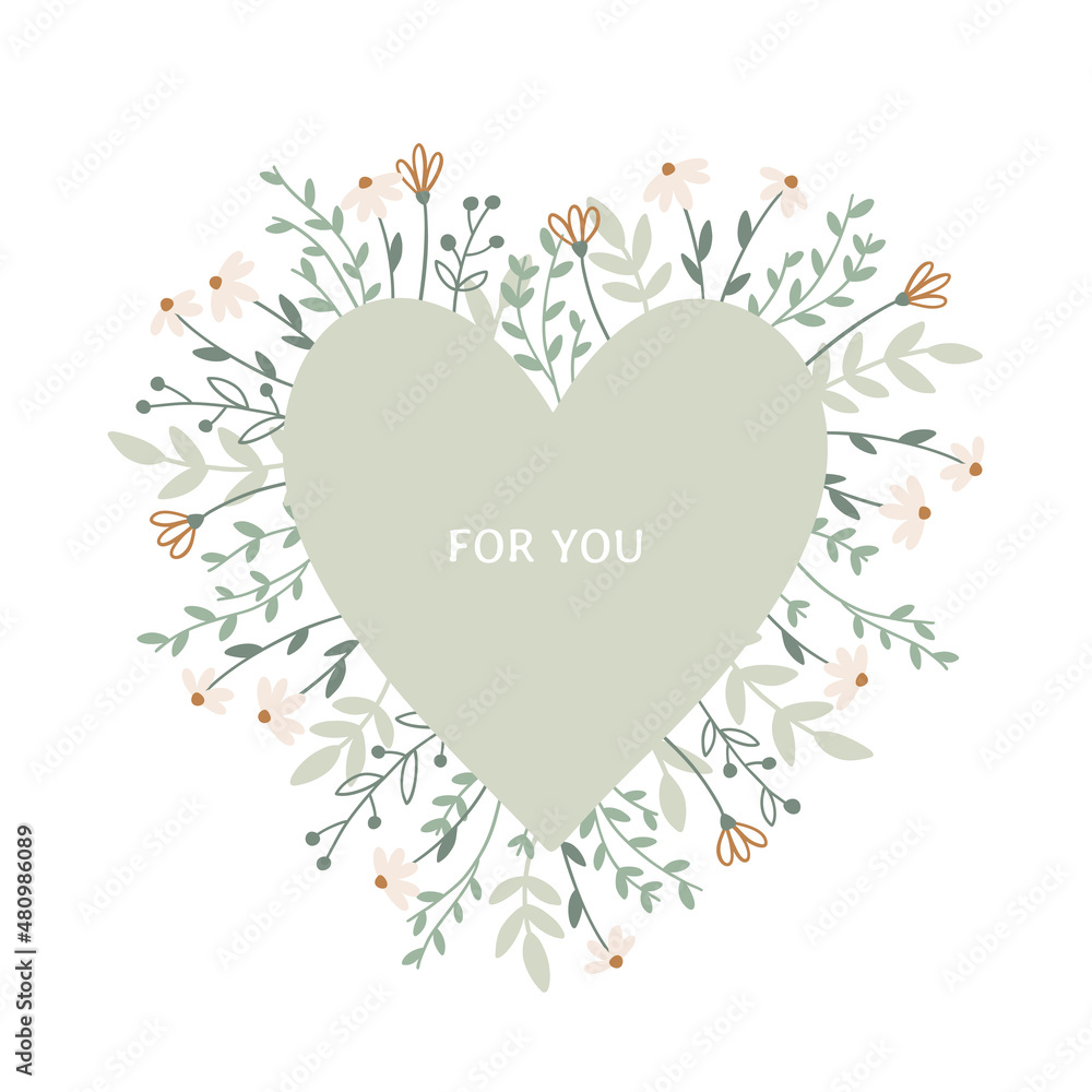 Floral heart with love message for Valentines Day and Mothers Day. Botanical charming illustration. Spring blooming heart frame for posters, prints, cards and invitations. Vector flower wreath