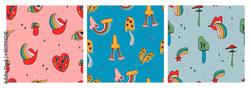 Set of seamless patterns of classic psychedelic cartoon mushrooms with faces, eyes, tongues and cheeks. Cute vector multicolor repeating elements.