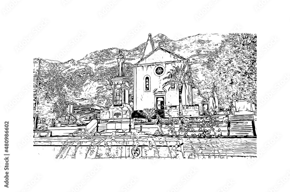 Building view with landmark of Makarska is the 
city in Croatia. Hand drawn sketch illustration in vector.