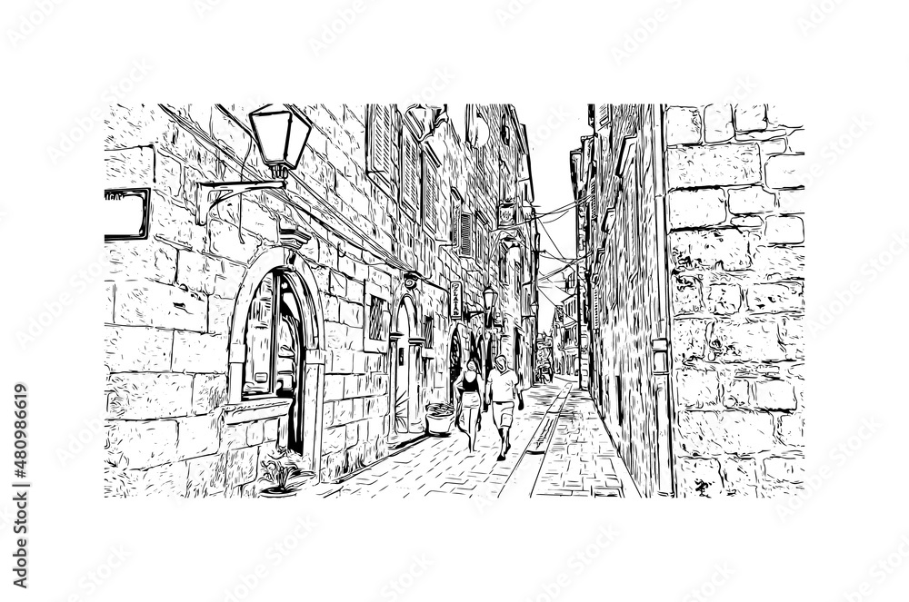 Building view with landmark of Makarska is the 
city in Croatia. Hand drawn sketch illustration in vector.