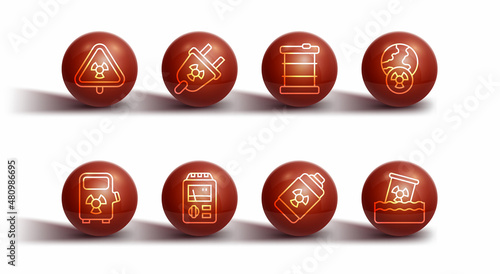 Set line Triangle with radiation, Electric car charging station, Planet earth and, Nuclear energy battery, Dosimeter, Radiation electrical plug, Radioactive waste barrel and icon. Vector