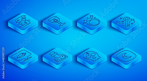 Set line Magic scroll, Medieval goblet, stone ring, Bottle with potion, Skull, Old magic key, and Moon and stars icon. Vector