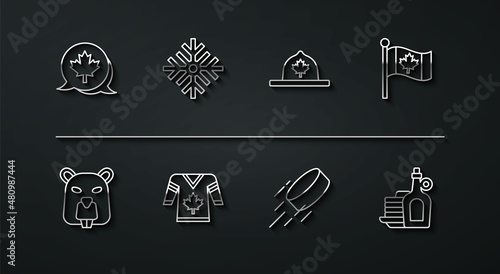 Set line Canadian maple leaf, Beaver animal, Flag of Canada, Hockey puck, jersey, Snowflake, Syrup with pancakes and ranger hat icon. Vector