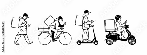 Delivery men walking, riding bicycle, electric scooter, motorbike. Online delivery service set Vector illustration.