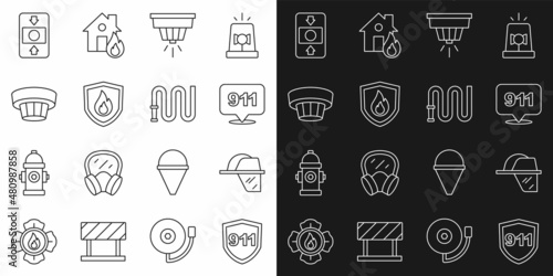 Set line Emergency call 911, Firefighter helmet, Smoke alarm system, protection shield, and hose reel icon. Vector