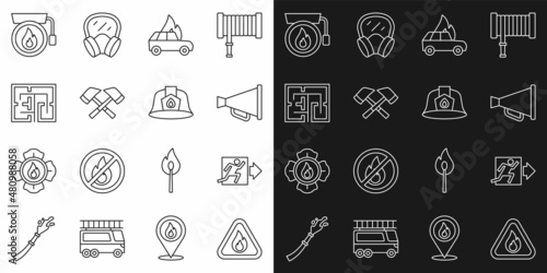 Set line Fire flame in triangle, exit, Megaphone, Burning car, Firefighter axe, Evacuation plan, Ringing alarm bell and helmet icon. Vector