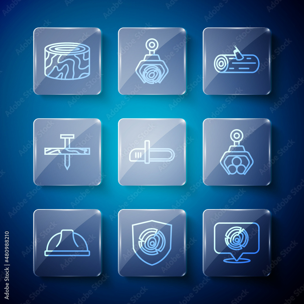 Set line Worker safety helmet, Wooden logs, Chainsaw, Metallic nail, Tree stump and Grapple crane grabbed icon. Vector Set line Worker safety helmet, Wooden logs, Chainsaw, Metallic nail, Tree stump and Grapple crane grabbed icon. Vector