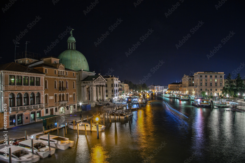Night view of San Simeone Piccolo from a bridge across Grand canal, Italy.
