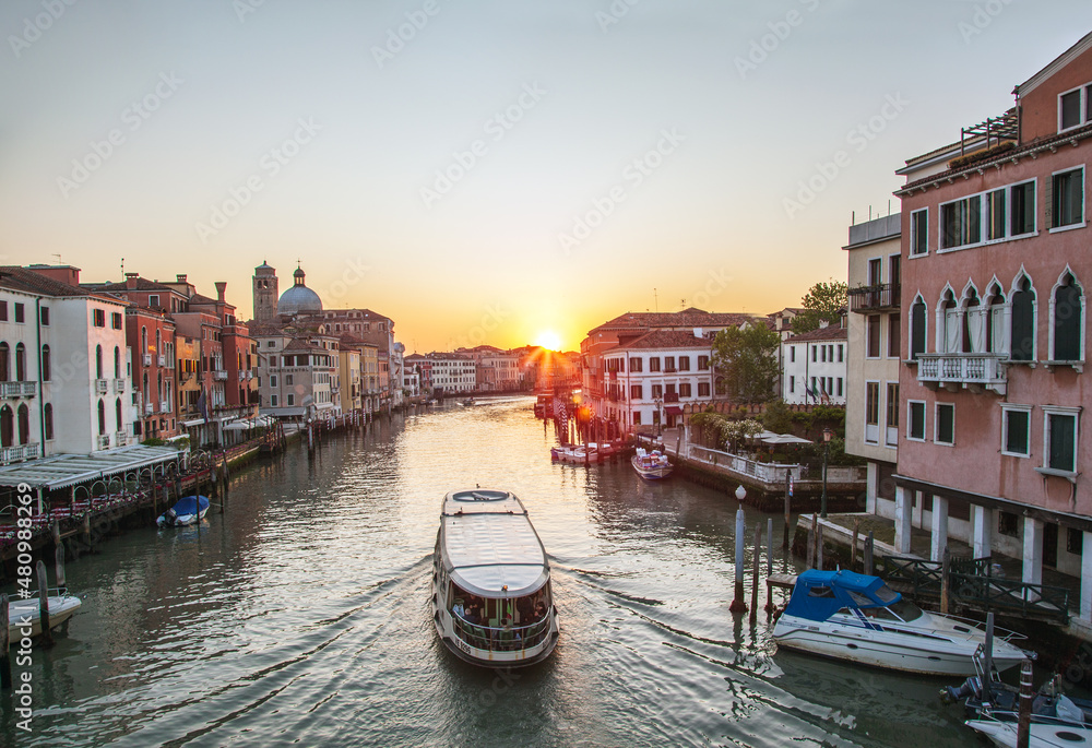 Sunrise across Grand canal of Venice, Italy.