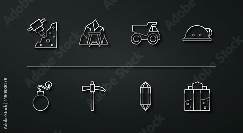Set line Construction jackhammer, Bomb, Miner helmet, Gem stone, Pickaxe, entrance, and Mining dump truck icon. Vector