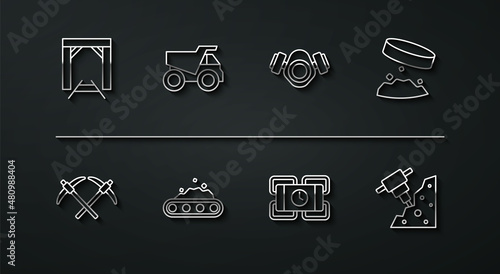Set line Mine entrance, Pickaxe, Giant magnet holding iron dust, Dynamite, Conveyor belt carrying coal, Mining dump truck, Construction jackhammer and Gas mask icon. Vector