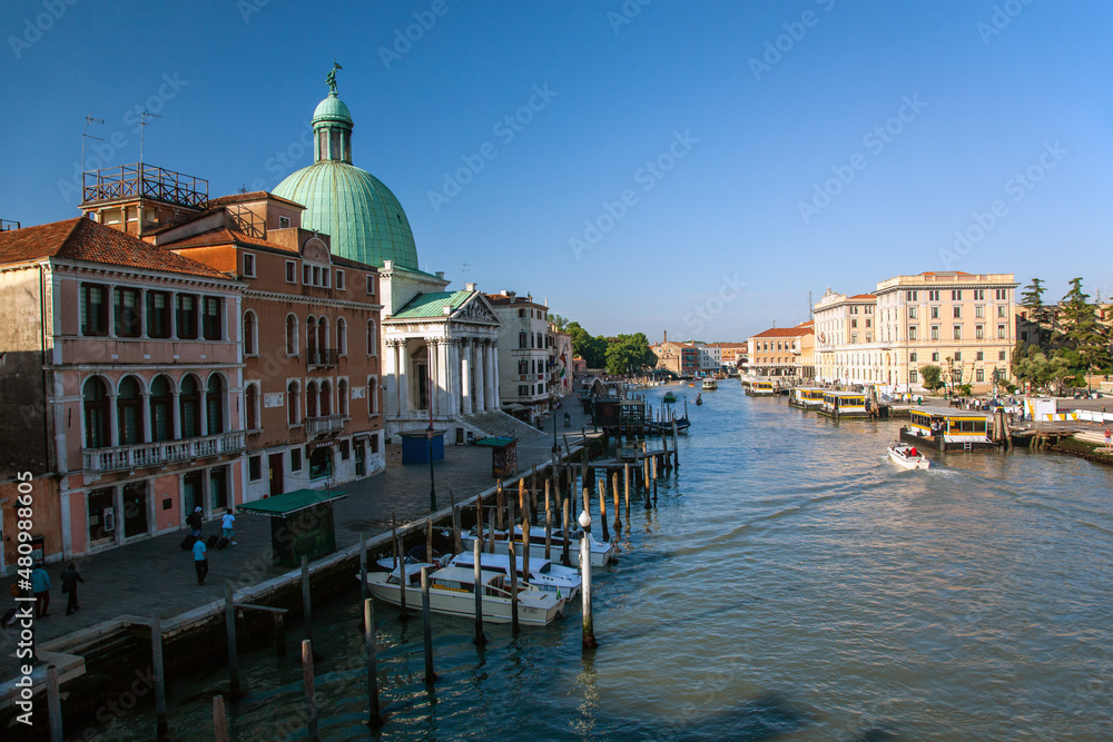 View of San Simeone Piccolo from nearby arch bridge across Main canal of Venice, Italy. 